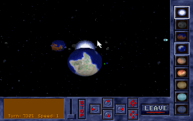 Vue des planètes dans Alien Legacy, sauvegarde MARS113 au tour 7321.